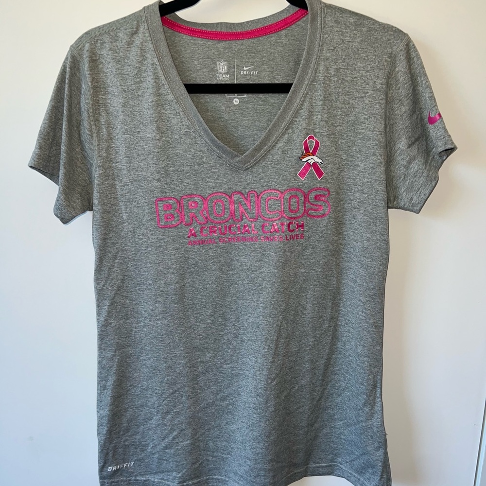 Nike Gray V-Neck T-Shirt with Pink Broncos Logo